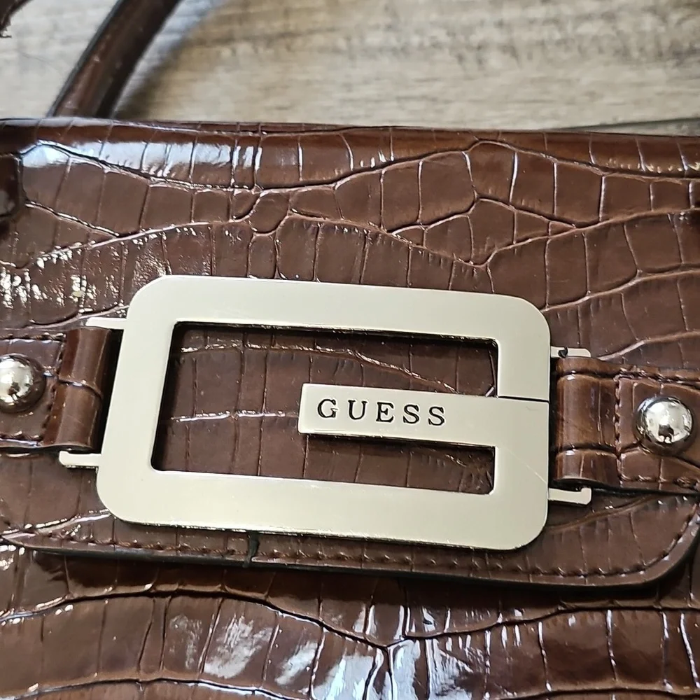 Guess Shiny Brown Croc-Embossed Shoulder Bag